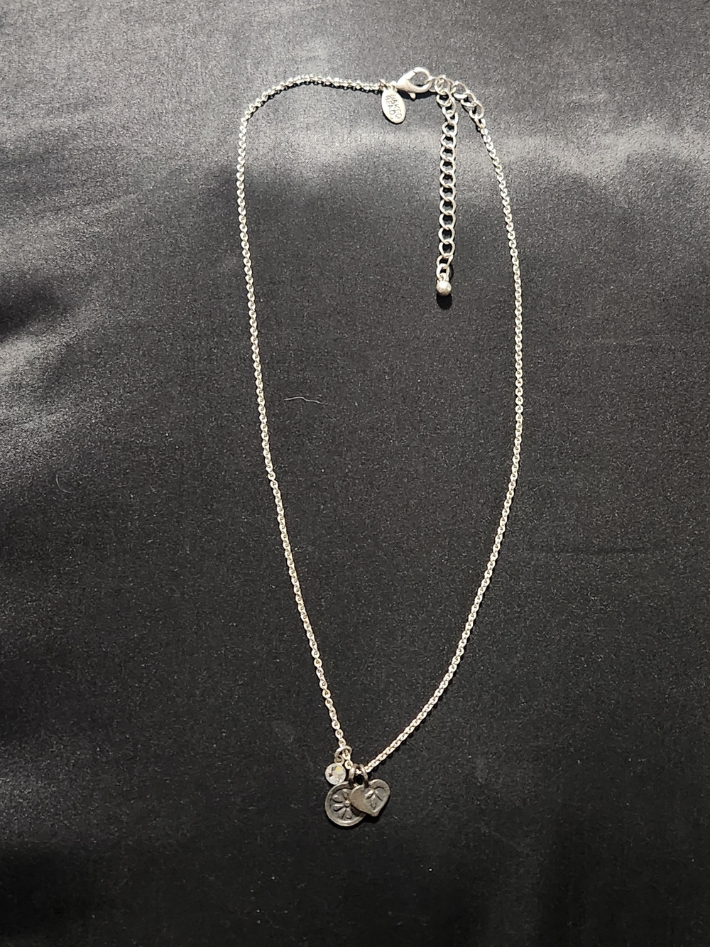 ​Baked Beads Silvertone Charm Necklace Heart Flower Crystal Accent
